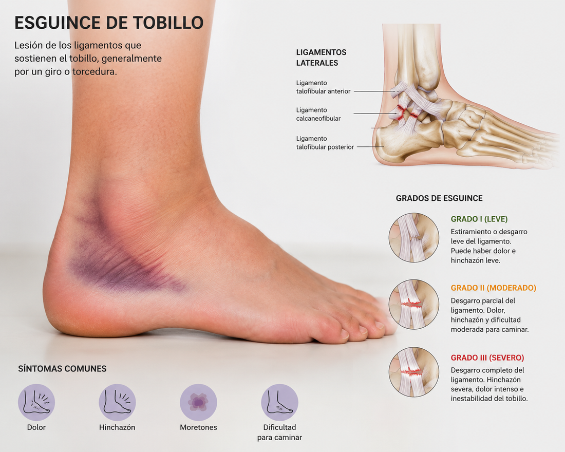 Anatomía del tobillo: ligamentos laterales y zonas de lesión en el esguince
