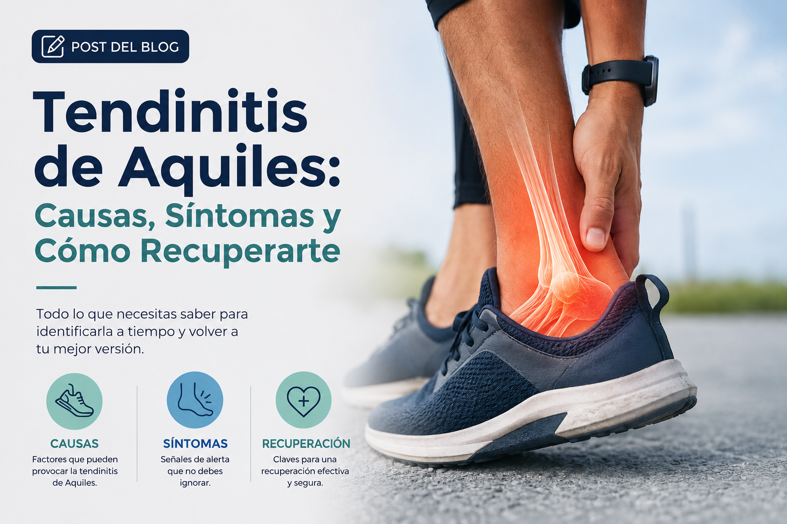 Ilustración anatómica del tendón de Aquiles y su inserción en el calcáneo, con las zonas de lesión más frecuentes en la tendinitis