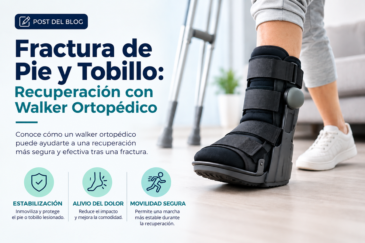 Ilustración anatómica del pie y tobillo mostrando las zonas de fractura más frecuentes y el uso del walker ortopédico en la recuperación