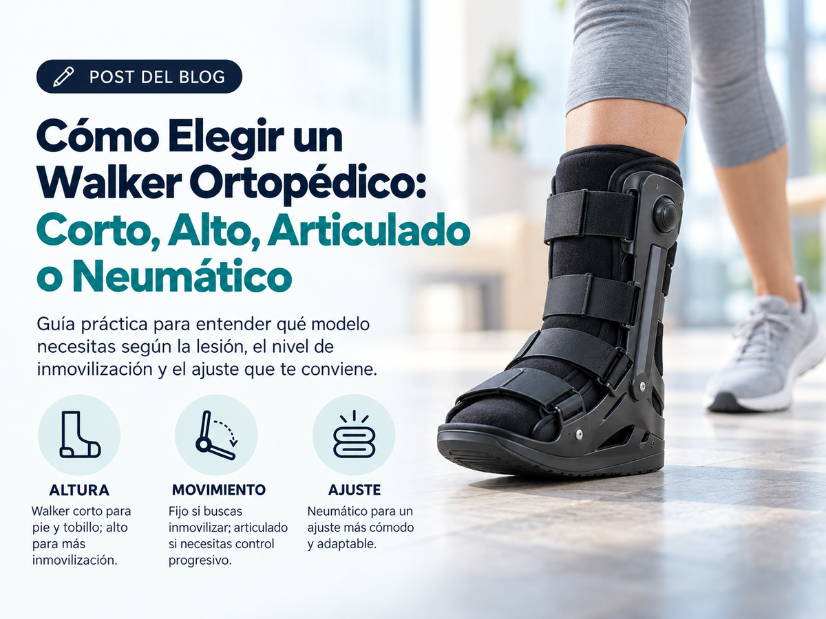Persona caminando con un walker ortopédico alto negro, junto a una guía visual sobre los distintos tipos de bota ortopédica: corta, alta, articulada y neumática.