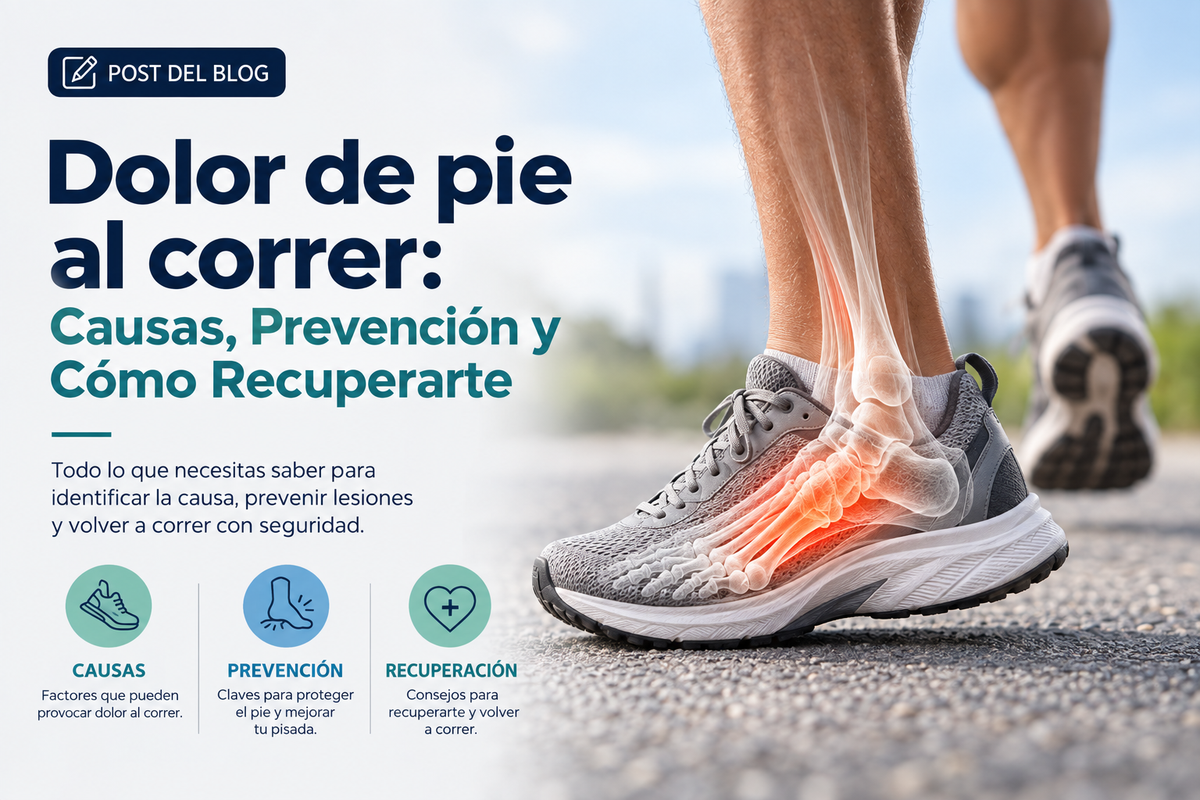 Corredor con zapatillas de running sobre asfalto, con el talón y el tobillo resaltados para ilustrar el dolor de pie al correr