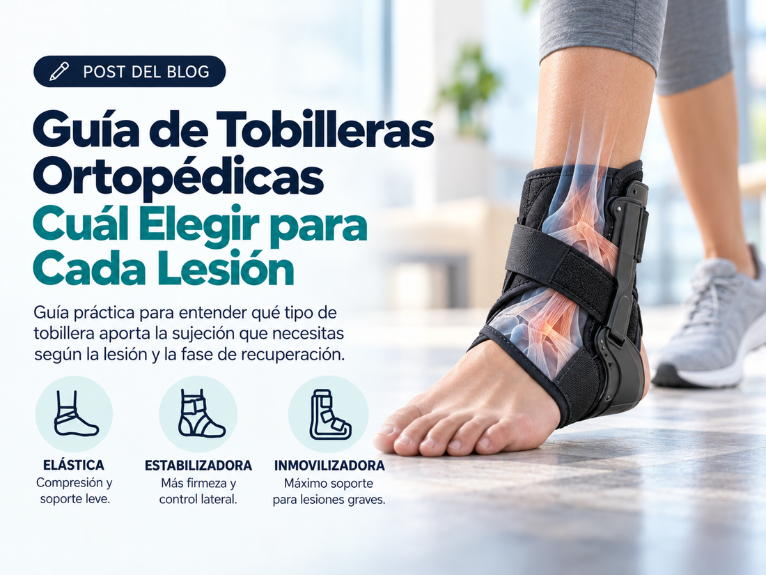 Persona con una tobillera ortopédica estabilizadora en el tobillo, acompañada de una guía visual sobre tobilleras elásticas, estabilizadoras e inmovilizadoras según el tipo de lesión.