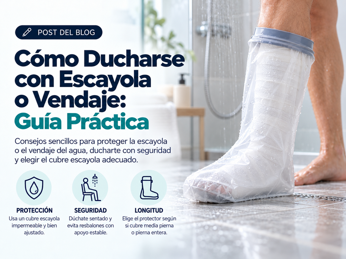 Persona en una ducha con una escayola o vendaje en la pierna protegido por un cubre escayola impermeable transparente, acompañada de una guía visual sobre cómo ducharse con seguridad y mantener la inmovilización seca.