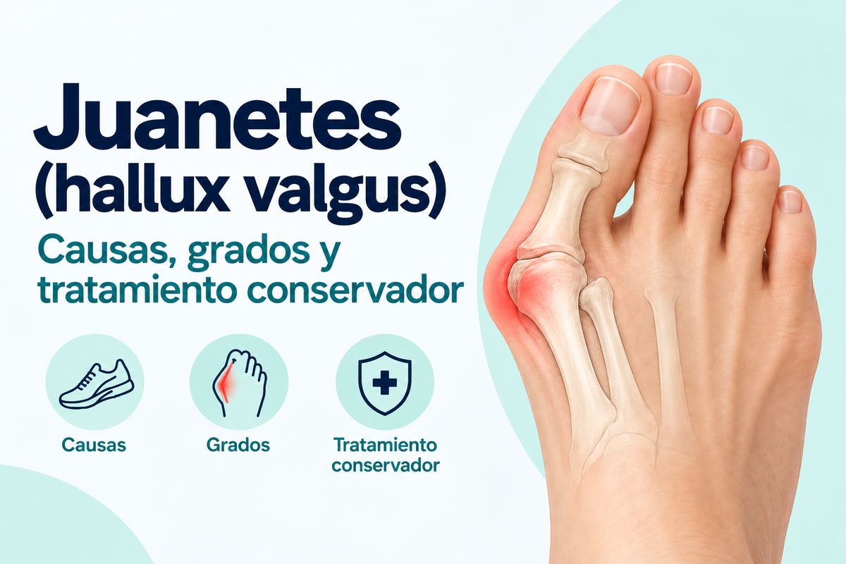 Juanete o hallux valgus con desviación del dedo gordo y representación anatómica del pie, junto a causas, grados y tratamiento conservador.