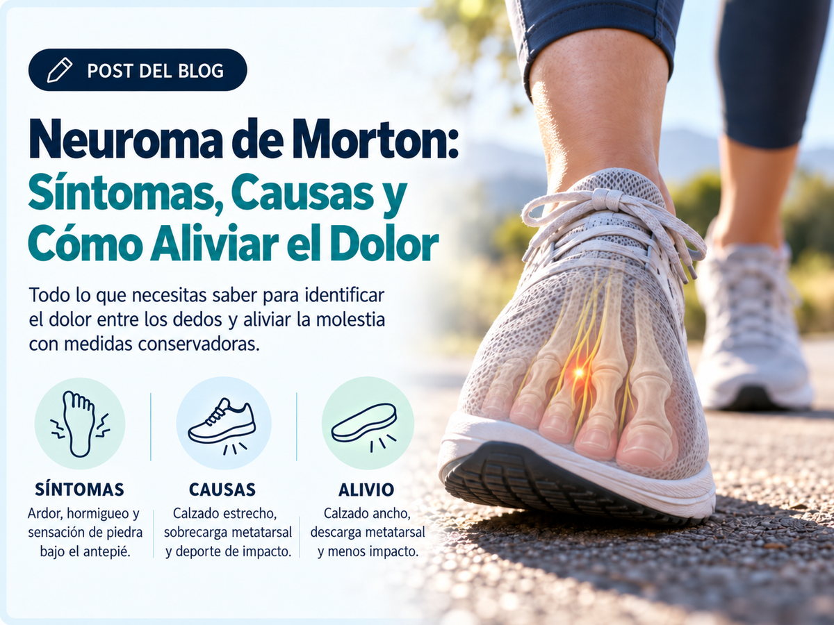 Guía visual con la zona del antepié resaltada para ilustrar el dolor por neuroma de Morton, con sus síntomas, causas y tratamiento