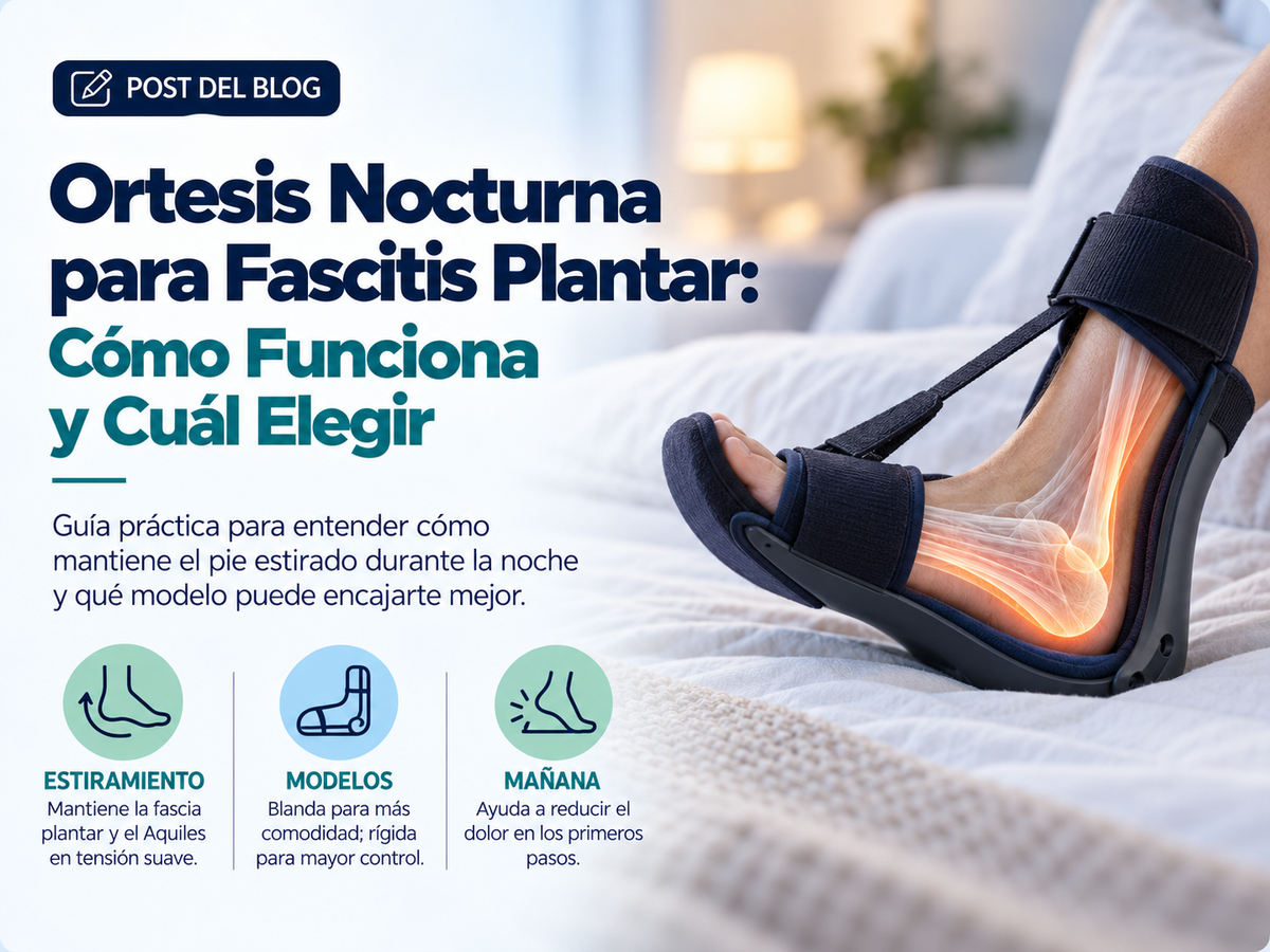 Ortesis nocturna para fascitis plantar que mantiene el pie estirado y ayuda a reducir el dolor matutino.