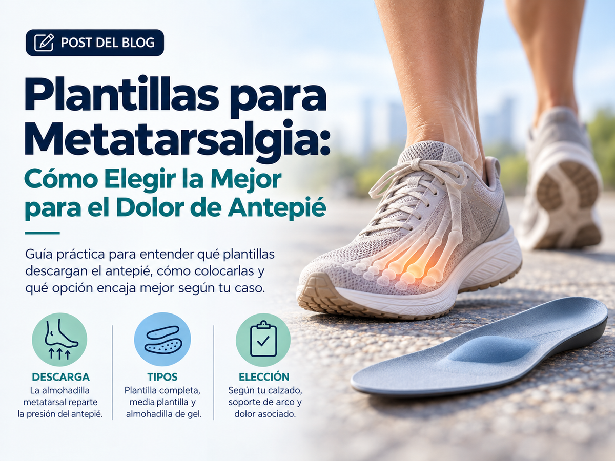 Persona caminando con zapatillas deportivas, con una ilustración anatómica suave del antepié resaltando la zona metatarsal y una plantilla ortopédica en primer plano.