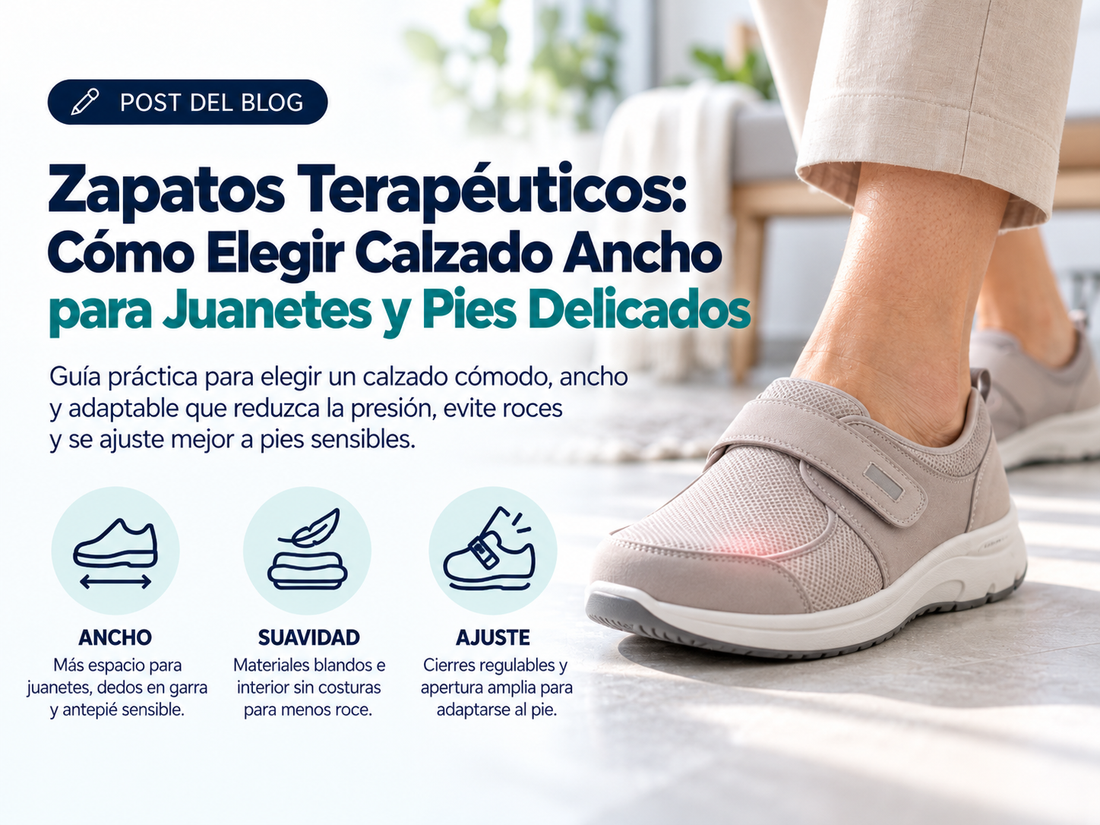 Persona con zapato terapéutico ancho y cierre ajustable, acompañada de una guía visual sobre cómo elegir calzado cómodo para juanetes y pies delicados, destacando ancho, suavidad y ajuste.